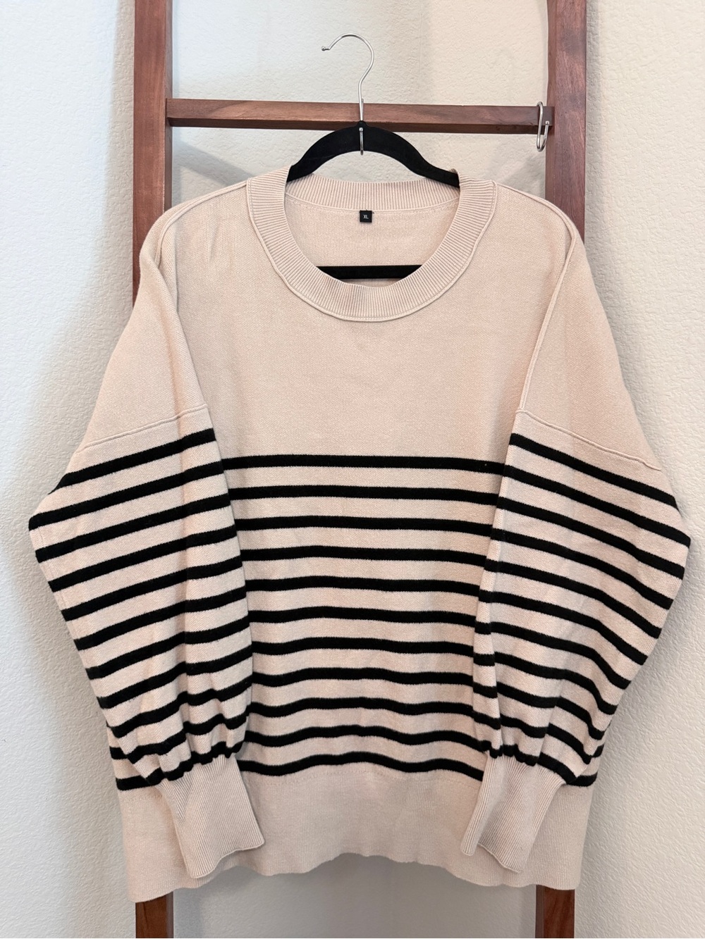 Women's Cream Crewneck Sweater with Black Stripes